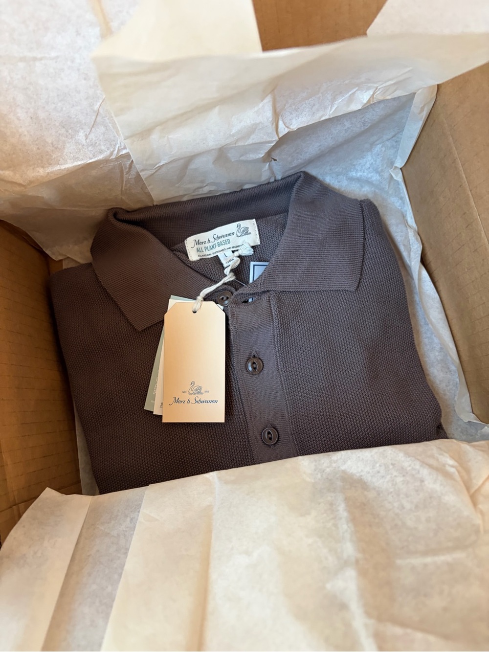 Merz b. Schwanen KPLP02 Knitted Pikée Polo T-Shirt Grain Brown Size L NWT $180
